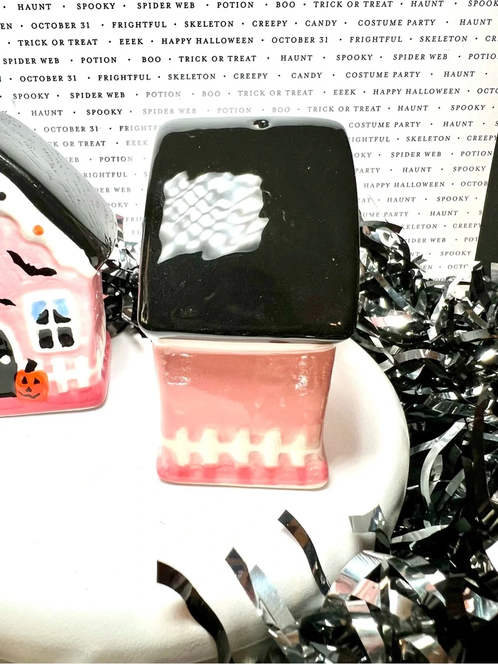 Halloween Pink Gingerbread Haunted House Ceramic Salt & Pepper Shakers Ghost Bat
